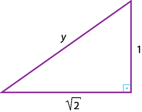 Ilustração. Triângulo retângulo com cateto menor medindo 1, cateto maior medindo raiz quadrada de 2 e hipotenusa medindo y.