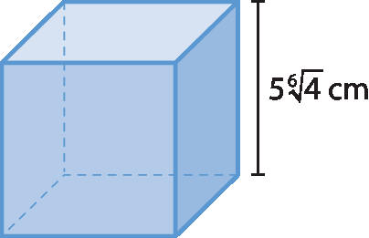 Ilustração. Cubo azul com medida de aresta igual 5 raiz sexta de 4 centímetros.