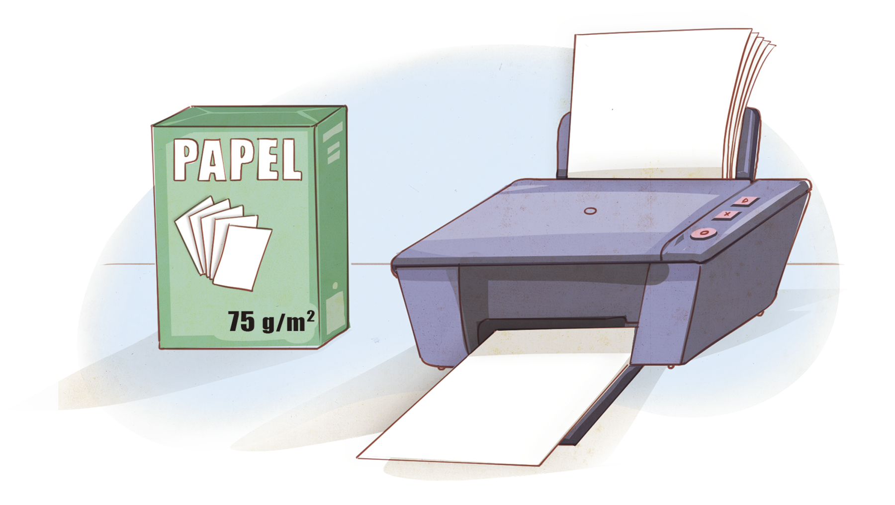 Ilustração. Caixa retangular de papel com 75 gramas por metro quadrado. Ao lado, uma impressora com folhas.