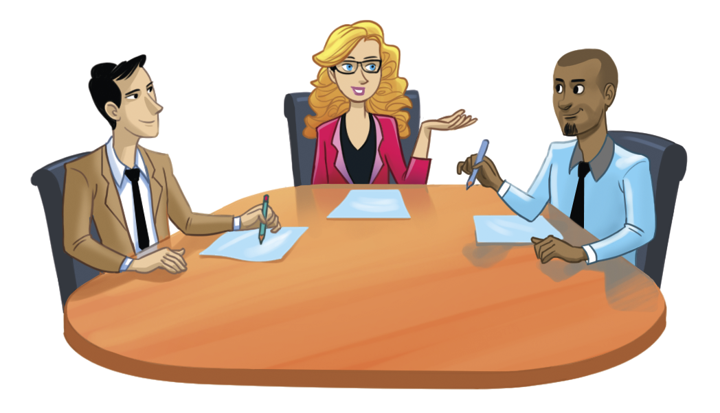 Ilustração. Dois homens de camisa e gravata e uma mulher loira de óculos e camisa vermelha. Eles estão ao redor de uma mesa.