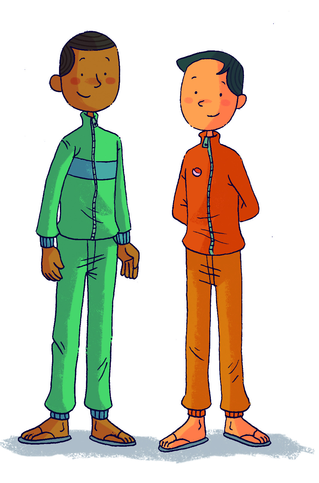 Ilustração. Homem de cabelo castanho e agasalho verde. Ao lado, homem mais baixo de cabelo preto e agasalho laranja.