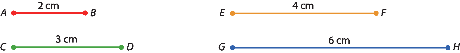 Ilustração.  Segmento de reta AB, medindo 2 centímetros. Segmento de reta CD, medindo 3 centímetros. Segmento de reta EF, medindo 4 centímetros. Segmento de reta GH, medindo 6 centímetros.