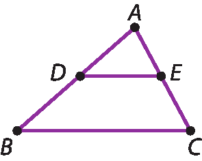 Ilustração: Triângulo escaleno ABC, com lado BC na horizontal. Ponto D no lado AB; Na mesma direção, ponto E no lado AC; Segmento DE, paralelo lado BC