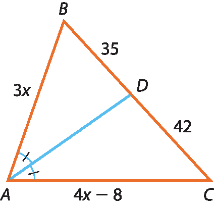 Ilustração. Triângulo ABC. lado AB, 3x; lado AC, 4x-8; ponto D pertence ao lado BC; segmento de reta une pontos AD; AD é bissetriz; segmento de reta BD, 35; segmento  de reta DC, 42.