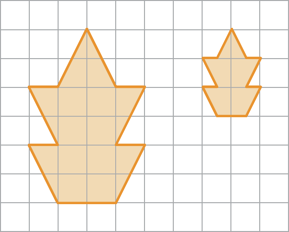 Ilustração. Malha quadriculada com figura laranja composta por dois trapézios iguais e um triângulo um em cima do outro lembrando o formato de uma árvore. À direita, uma figura semelhante mas em tamanho reduzido.