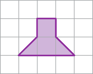 Ilustração. Malha quadriculada. Uma figura roxa formada por um trapézio isósceles e um quadrado colocado acima do trapézio, o lado do quadrado coincide com a base menor do trapézio.