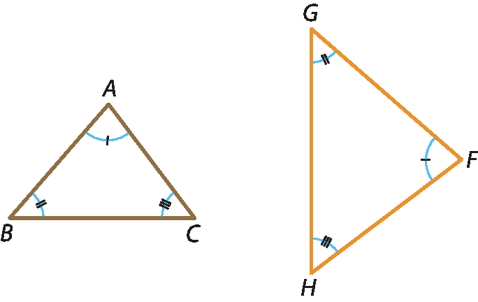 Ilustração. Triângulo ABC com três ângulos diferentes.  Ao lado, triângulo FGH semelhante ao triangulo ABC, também com três ângulos diferentes. ângulo A é congruente ao ângulo F, ângulo G é congruente ao ângulo B, e ângulo H é congruente ao ângulo C.