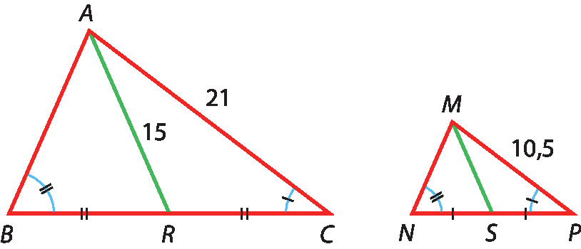 Ilustração. Triângulo ABC. De A, mediana do lado BC, com medida 15 até o ponto R, que é ponto médio do lado BC. A medida AC é 21. Ao lado, triângulo MNP semelhante ao primeiro. O ponto S é ponto médio do lado NP. A medida MP é 10,5. Ângulos B e C são congruentes aos ângulos N e P, respectivamente
