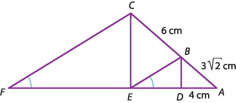Ilustração. Triângulo CFA.  Saindo do vértice C um segmento que encontrará o ponto E sobre o segmento FA. Do ponto E sai um segmento que encontra o ponto B no lado AC e do ponto B sai um segmento que encontra o ponto D no segmento EA. Os ângulos formados com o lado FA, O ângulo F e o ângulo E são congruentes. As medidas nestes triângulos, CB mede 6 cm, BA mede 3 raiz de 2 cm e o DA mede 4 cm.