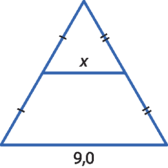 Ilustração. Triângulo cortado por um segmento paralelo à base do triângulo que divide os lados do triângulo em partes iguais. Segmento paralelo medindo x , base medindo 9.