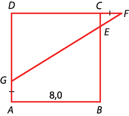 Ilustração. Quadrado ABCD. O prolongamento do lado DC à direita marca o ponto F. De F, segmento de reta diagonal que vai até G no lado AD, ao cortar o lado BC marca-se o ponto E.  A medida AB é 8,0. E os segmentos AG e CF são congruentes.