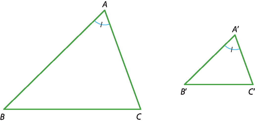 Ilustração. Triângulo ABC com destaque para ângulo em A. Ao lado, triângulo A linha B linha C linha com destaque para ângulo em A linha. Os ângulos A e A linha são congruentes.
