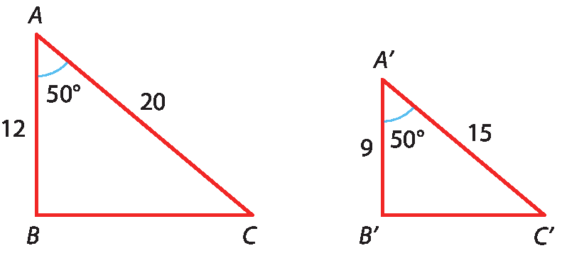 Ilustração. Triângulo ABC com destaque para ângulo A de 50 graus e medidas AB, 12 e AC, 20. Ao lado, triângulo A linha B linha C linha com destaque para ângulo A linha de 50 graus e medidas: A linha B linha, 9 e A linha C linha, 15.