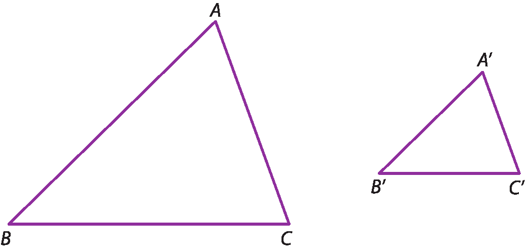 Ilustração. Triângulo ABC. Ao lado, triângulo A linha B linha C linha em tamanho menor.