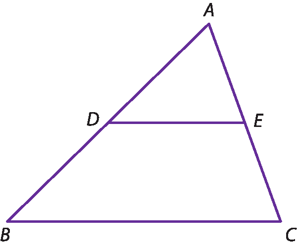 Ilustração. Triângulo ABC. D é o ponto médio do segmento AB e E é o ponto médio do segmento AC. O segmento DE  é paralelo à base BC.