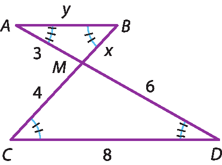 Ilustração. Segmentos AD e BC que são concorrentes em M formando os triângulos AMB de medidas: AB = y, AM = 3 e BM = x  e CMD de medidas: CM = 4, CD = 8 e MD = 6. Os ângulos A e D, B e C são congruentes.