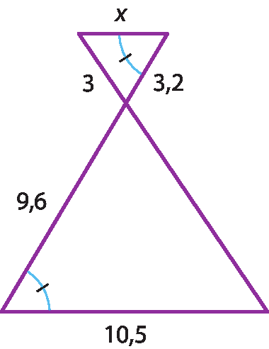 Ilustração. Figura composta por dois segmentos concorrentes formando dois triângulos com um dos ângulos congruentes, as medidas dos lados desses ângulos é 3 e 3,2;  9,6 e 10,5.