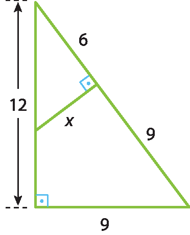 Ilustração. Triângulo retângulo de catetos de medida 12 e 9. No triângulo, um segmento de reta perpendicular à hipotenusa a divide em dois segmentos de medida 6 e 9.