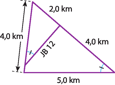 Ilustração. Triângulo com lados de medidas: 5,0 quilômetros, 4,0 quilômetros. No terceiro lado chega um segmento de reta JB 12 que sai do lado que mede 4,0 quilômetros, e divide o terceiro lado em dois segmentos de medida 2,0 quilômetros e 4,0 quilômetros.