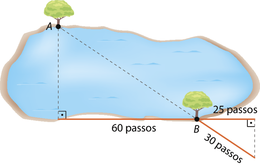 Ilustração. Lago. No canto superior esquerdo, árvore representada pelo ponto A. No canto inferior direito, árvore representada pelo  ponto B. Na margem inferior do lago, do ponto B até a reta de visão perpendicular ao ponto A são 60 passos. Do ponto B também se forma um triângulo retângulo com 30 passos no prolongamento da reta que uniria as duas árvores e com 25 passos para direita na margem do lago.