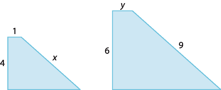 Ilustração. Trapézio cuja base menor mede 1, e os lados não paralelos medem 4 e 6. Ao lado Trapézio cuja base menor mede y, e os lados não paralelos medem 6 e 9.
