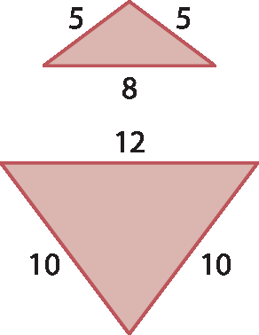 Ilustração. Triângulo isósceles de lados medindo 5, 5, e base 8. Abaixo, triângulo isósceles de lados medindo 10, 10 e base 12. O triângulo maior está invertido em relação primeiro