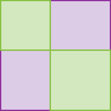 Ilustração. Figura dividida em dois quadrados verdes e dois retângulos roxos. No canto superior esquerdo, quadrado verde menor. No canto superior direito, retângulo roxo. No canto inferior esquerdo, retângulo roxo, e no canto inferior direito, quadrado verde maior