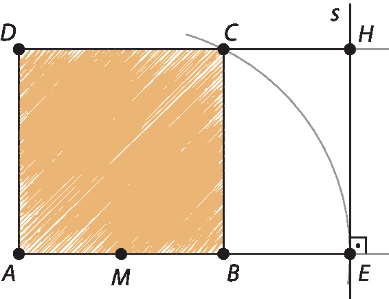 Ilustração. Quadrado ABCD. Ponto M entre AB. Arco CE traçado. Ponto E sobre reta AB e ponto H sobre reta DC. Reta s sobre H e E.