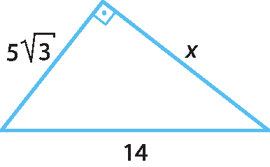 Ilustração. Triângulo azul com as medidas dos lados: 14, x e 5 raiz quadrada de 3. Ângulo reto entre 5 raiz quadrada de 3 e x.