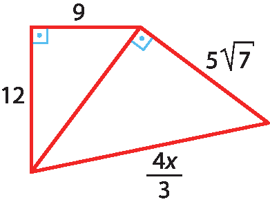 Ilustração. Dois triângulos unidos por um lado em comum entre eles. A medida do triângulo à esquerda é 12 e 9. Ângulo reto entre 12 e 9. A medida do triângulo à direita é fração, 4 x sobre 3, fim da fração e 5 raiz quadrada de 7. Ângulo reto entre lado comum dos triângulos e 5 raiz quadrada de 7.