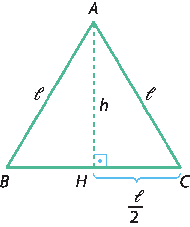 Ilustração. Triângulo ABC. Altura do triângulo tracejada medindo h e vai de A até lado BC, no ponto H. Cada lado do triângulo mede L cursivo. De H até C, medida fração, L cursivo sobre 2, fim da fração.