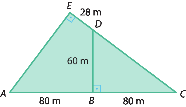 Ilustração. Figura composta por triângulo BCD à direita com medidas: BC: 80 metros. BD: 60 metros. À esquerda, quadrilátero ABDE com as medidas: AB: 80 metros. BD: 60 metros e DE: 28 metros.