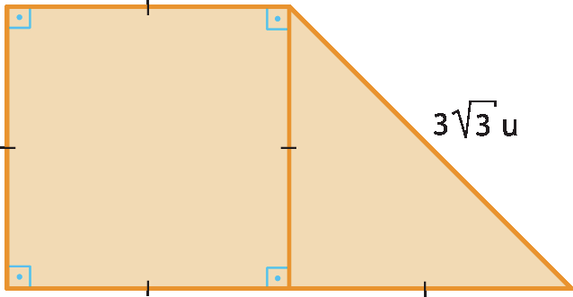 Ilustração. Quadrado. À direita, triângulo com um dos lados medindo 3 raiz quadrada de 3 u.