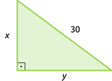 Ilustração. Triângulo verde com as medidas dos lados: x, y e 30. Ângulo reto entre x e y.