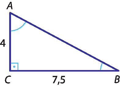 Ilustração. Triângulo ABC. Em C, Ângulo de 90 graus. Medidas dos lados: AC: 4; BC: 7,5.