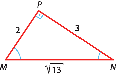 Ilustração. Triângulo MNP, com ângulo reto em P. As medidas dos lados são: MN: raiz quadrada de 13; MP: 2; NP: 3.