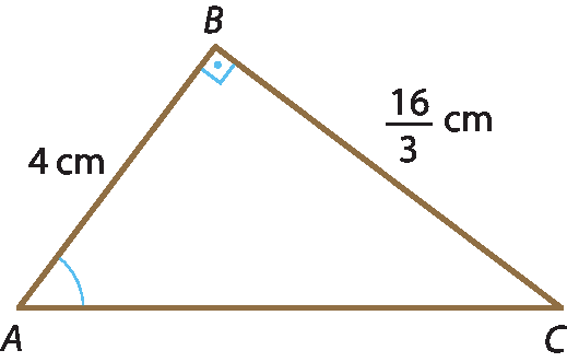 Ilustração. Triângulo ABC, com ângulo reto em B. Medidas dos lados: AB: 4 centímetros; BC: 16 terços centímetros.