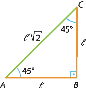 Ilustração. Triângulo ABC com ângulos A e C medindo 45 graus. As medidas dos lados são: AB igual a l; BC igual a l, e AC igual a l raiz quadrada de 2.