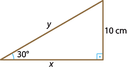 Ilustração. Triângulo com um ângulos medindo 90 graus e um 30 graus. Usando como referência o ângulo de medida 30, as medidas dos lados: cateto adjacente x, cateto oposto 10 centímetros e hipotenusa y.