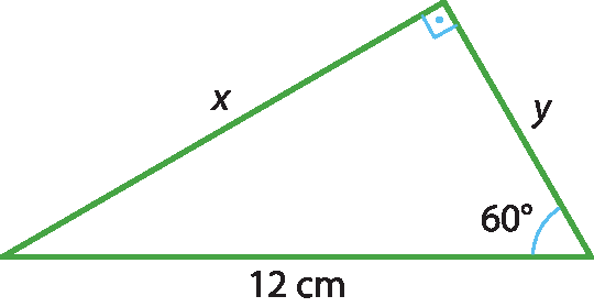 Ilustração. Triângulo retângulo com ângulo de 60 graus e medidas dos lados: cateto oposto x, cateto adjacente y e hipotenusa 12 centímetros.