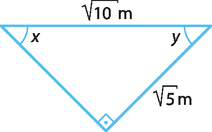 Ilustração. Triângulo retângulo com ângulos x e y. Medidas dos lados: oposto ao x: raiz quadrada de 5 metros; oposto ao reto: raiz quadrada de 10 metros.