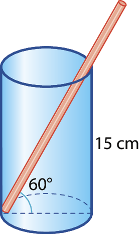 Ilustração. Copo cilíndrico com 15 centímetros de medida de altura. Dentro do copo há um canudo, apoiado na diagonal formando ângulo de 60 graus com a base do copo.