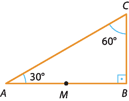 Ilustração. Triângulo ABC com ângulo 30 graus em A, 90 graus em B e 60 graus em C. Entre A e B, ponto M.