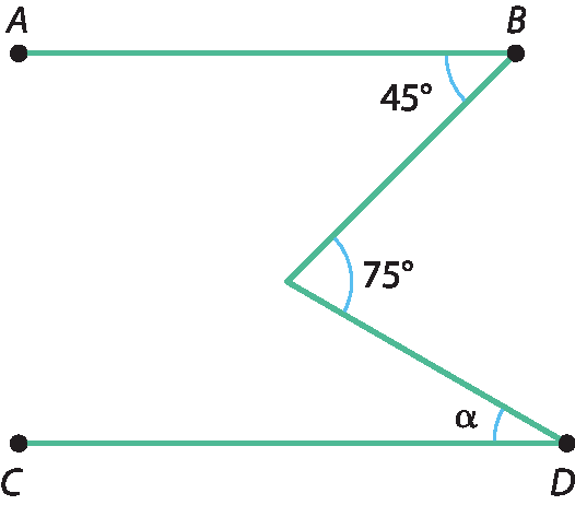 Ilustração. Segmentos AB e CD paralelos. Em B um segmento forma ângulo de 45 graus e em D, outro segmento forma ângulo alfa. Os dois segmentos se encontram em um ponto formando ângulo de 75 graus.