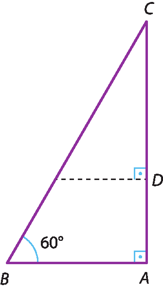 Ilustração. Triângulo ABC com ângulo de 60 graus em B e 90 graus em A. Segmento horizontal tracejado passando por D, um ponto de AC, e paralelo a esse lado.
