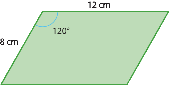 Ilustração. Paralelogramo com um ângulo de 120 graus no canto superior esquerdo. Medidas dos lados: 8 centímetros e 12 centímetros.