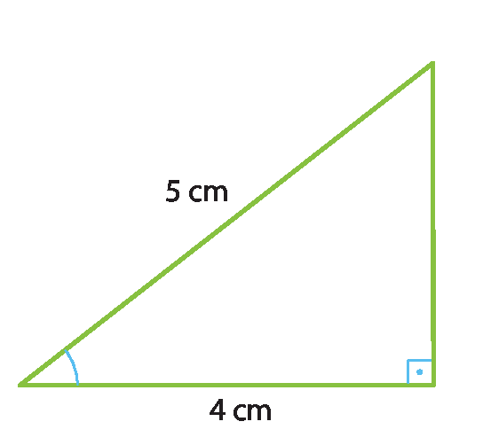 Ilustração. Triângulo retângulo com medidas: cateto adjacente 4 centímetros, hipotenusa 5 centímetros.