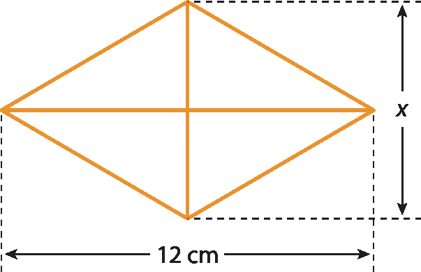 Ilustração. Losango com diagonal maior medindo 12 centímetros e diagonal menor medindo x.