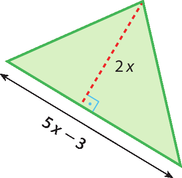 Ilustração. Triângulo cuja base mede 5 x menos 3, e a altura é igual a 2 x.
