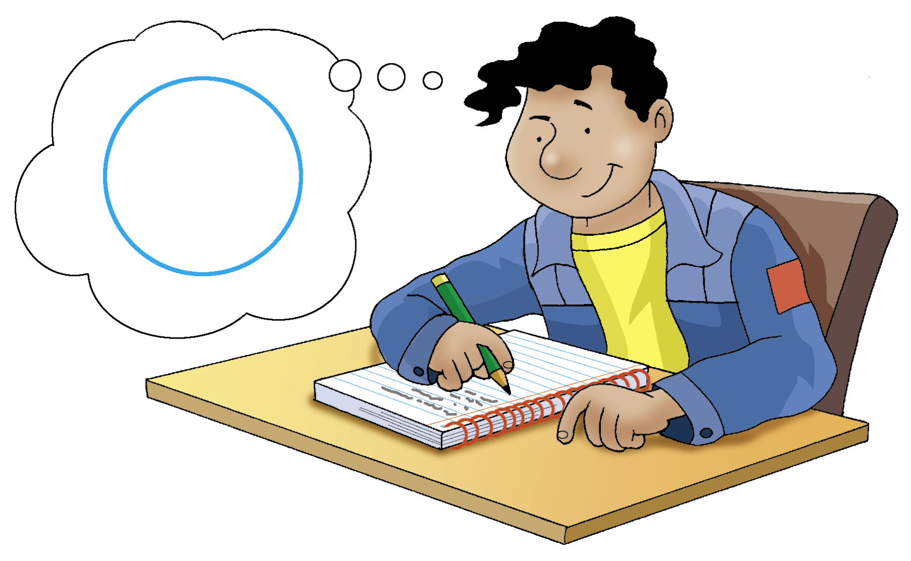 Ilustração. Homem de cabelo preto, camiseta amarela e casaco azul. Ele pensa em uma circunferência azul e está sentado de frente para uma mesa escrevendo no caderno.